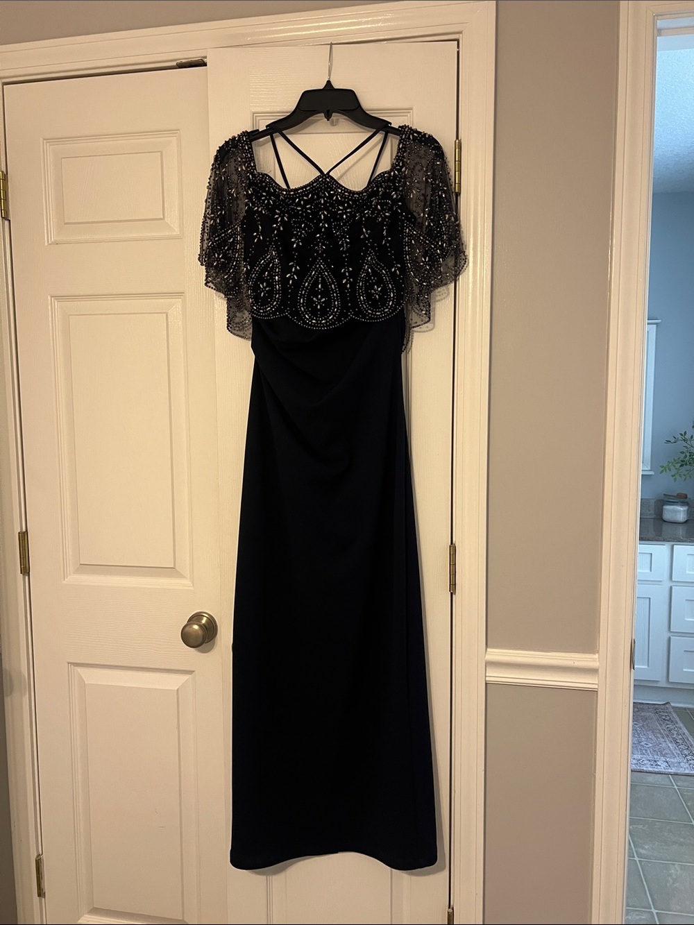 Xscape Black Beaded Maxi Dress with Capelet